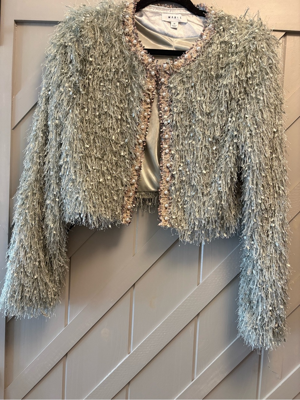 MABLE Mint/Silver Shaggy Beaded Trim Cropped Jacket